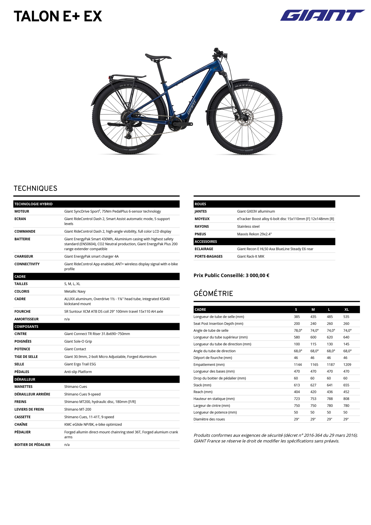 Fiche technique du velo électrique Talon E+ EX année 2026